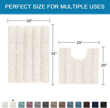 Sage Bathroom Rugs, Bath Mat Set of 2 Extra Thick Chenille Striped Pattern Shaggy Bath Rugs for Bath Room, Non Skid Bath Mats for Bathroom Floor (32 x 20 Plus 24 x 17 - Inches) - Colors B
