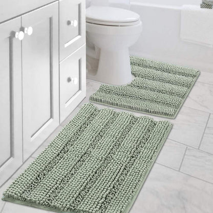 Sage Bathroom Rugs, Bath Mat Set of 2 Extra Thick Chenille Striped Pattern Shaggy Bath Rugs for Bath Room, Non Skid Bath Mats for Bathroom Floor (32 x 20 Plus 24 x 17 - Inches) - Colors B