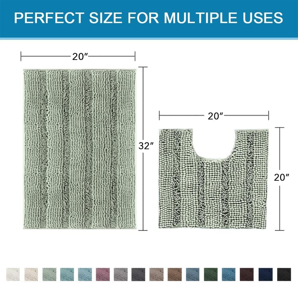 Sage Bathroom Rugs, Bath Mat Set of 2 Extra Thick Chenille Striped Pattern Shaggy Bath Rugs for Bath Room, Non Skid Bath Mats for Bathroom Floor (32 x 20 Plus 24 x 17 - Inches) - Colors B