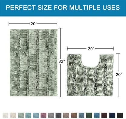 Sage Bathroom Rugs, Bath Mat Set of 2 Extra Thick Chenille Striped Pattern Shaggy Bath Rugs for Bath Room, Non Skid Bath Mats for Bathroom Floor (32 x 20 Plus 24 x 17 - Inches) - Colors B