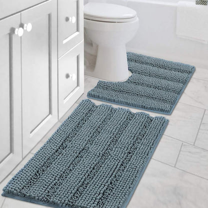 Sage Bathroom Rugs, Bath Mat Set of 2 Extra Thick Chenille Striped Pattern Shaggy Bath Rugs for Bath Room, Non Skid Bath Mats for Bathroom Floor (32 x 20 Plus 24 x 17 - Inches) - Colors B