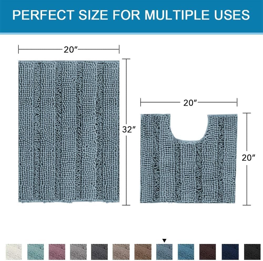 Sage Bathroom Rugs, Bath Mat Set of 2 Extra Thick Chenille Striped Pattern Shaggy Bath Rugs for Bath Room, Non Skid Bath Mats for Bathroom Floor (32 x 20 Plus 24 x 17 - Inches) - Colors B