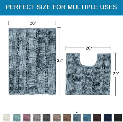 Sage Bathroom Rugs, Bath Mat Set of 2 Extra Thick Chenille Striped Pattern Shaggy Bath Rugs for Bath Room, Non Skid Bath Mats for Bathroom Floor (32 x 20 Plus 24 x 17 - Inches) - Colors B