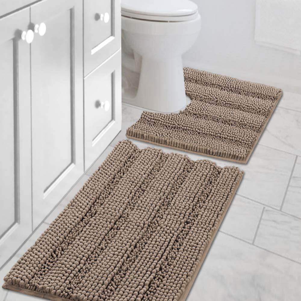 Sage Bathroom Rugs, Bath Mat Set of 2 Extra Thick Chenille Striped Pattern Shaggy Bath Rugs for Bath Room, Non Skid Bath Mats for Bathroom Floor (32 x 20 Plus 24 x 17 - Inches) - Colors B
