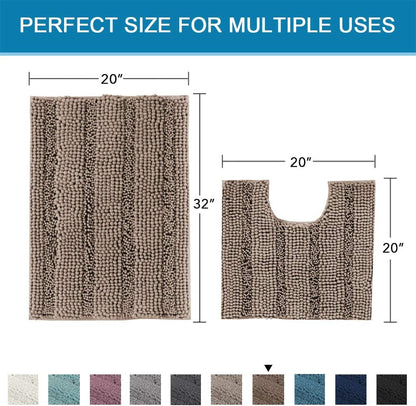 Sage Bathroom Rugs, Bath Mat Set of 2 Extra Thick Chenille Striped Pattern Shaggy Bath Rugs for Bath Room, Non Skid Bath Mats for Bathroom Floor (32 x 20 Plus 24 x 17 - Inches) - Colors B