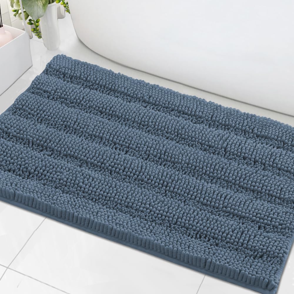Sage Bathroom Rugs, Bath Mat Set of 2 Extra Thick Chenille Striped Pattern Shaggy Bath Rugs for Bath Room, Non Skid Bath Mats for Bathroom Floor (32 x 20 Plus 24 x 17 - Inches) - Colors B