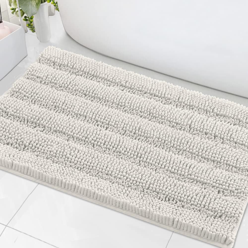 Sage Bathroom Rugs, Bath Mat Set of 2 Extra Thick Chenille Striped Pattern Shaggy Bath Rugs for Bath Room, Non Skid Bath Mats for Bathroom Floor (32 x 20 Plus 24 x 17 - Inches) - Colors B