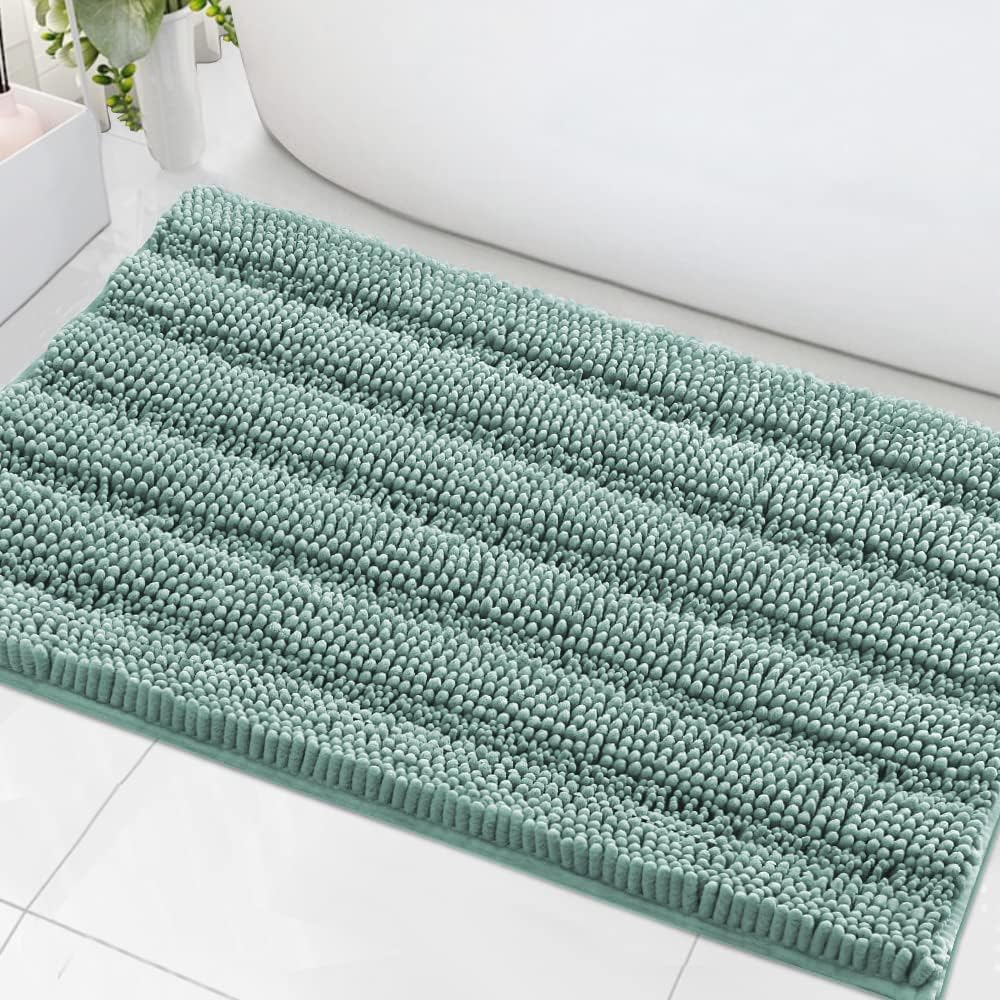 Sage Bathroom Rugs, Bath Mat Set of 2 Extra Thick Chenille Striped Pattern Shaggy Bath Rugs for Bath Room, Non Skid Bath Mats for Bathroom Floor (32 x 20 Plus 24 x 17 - Inches) - Colors B
