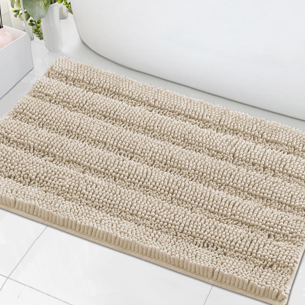 Sage Bathroom Rugs, Bath Mat Set of 2 Extra Thick Chenille Striped Pattern Shaggy Bath Rugs for Bath Room, Non Skid Bath Mats for Bathroom Floor (32 x 20 Plus 24 x 17 - Inches) - Colors B