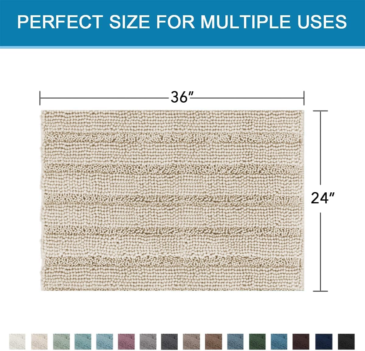 Sage Bathroom Rugs, Bath Mat Set of 2 Extra Thick Chenille Striped Pattern Shaggy Bath Rugs for Bath Room, Non Skid Bath Mats for Bathroom Floor (32 x 20 Plus 24 x 17 - Inches) - Colors B