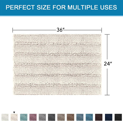 Sage Bathroom Rugs, Bath Mat Set of 2 Extra Thick Chenille Striped Pattern Shaggy Bath Rugs for Bath Room, Non Skid Bath Mats for Bathroom Floor (32 x 20 Plus 24 x 17 - Inches) - Colors B