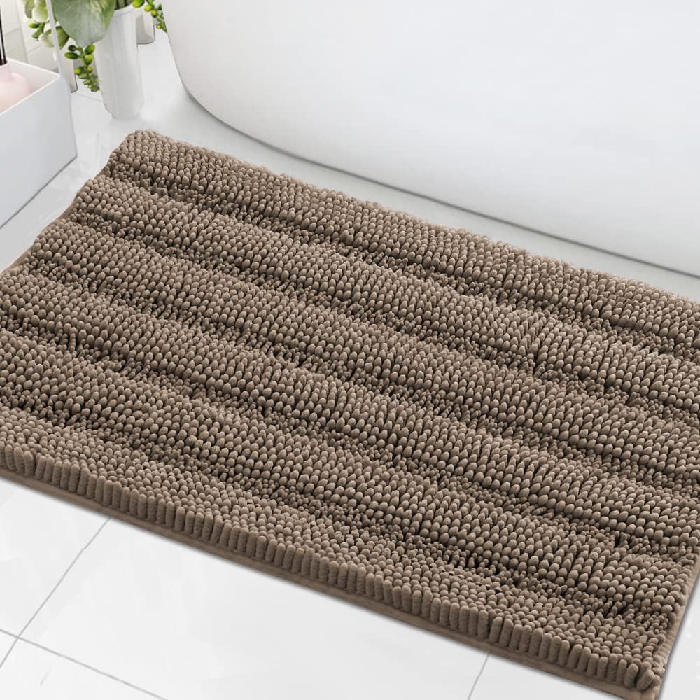 Sage Bathroom Rugs, Bath Mat Set of 2 Extra Thick Chenille Striped Pattern Shaggy Bath Rugs for Bath Room, Non Skid Bath Mats for Bathroom Floor (32 x 20 Plus 24 x 17 - Inches) - Colors B