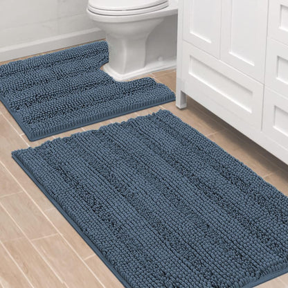Sage Bathroom Rugs, Bath Mat Set of 2 Extra Thick Chenille Striped Pattern Shaggy Bath Rugs for Bath Room, Non Skid Bath Mats for Bathroom Floor (32 x 20 Plus 24 x 17 - Inches) - Colors B