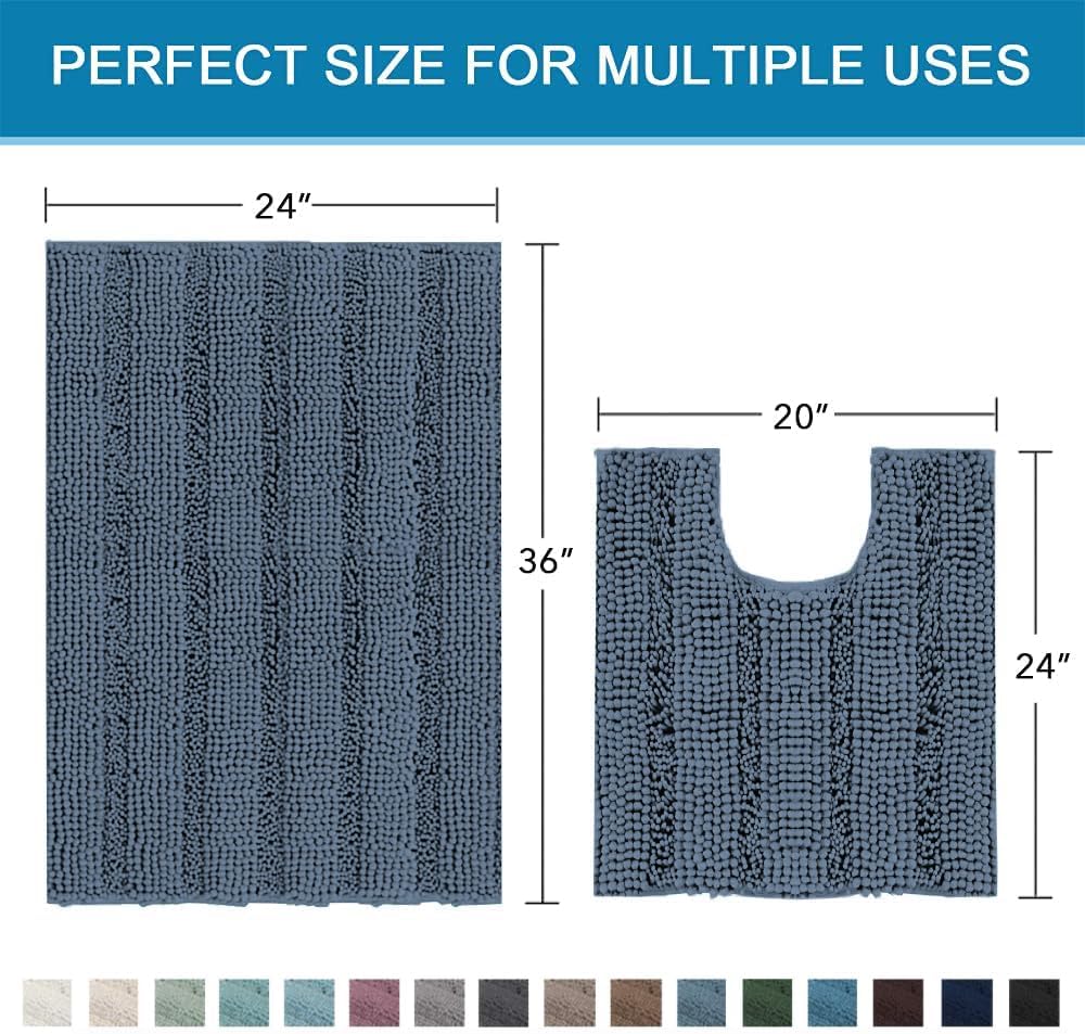 Sage Bathroom Rugs, Bath Mat Set of 2 Extra Thick Chenille Striped Pattern Shaggy Bath Rugs for Bath Room, Non Skid Bath Mats for Bathroom Floor (32 x 20 Plus 24 x 17 - Inches) - Colors B