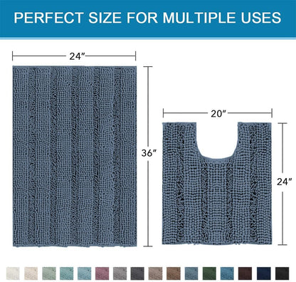 Sage Bathroom Rugs, Bath Mat Set of 2 Extra Thick Chenille Striped Pattern Shaggy Bath Rugs for Bath Room, Non Skid Bath Mats for Bathroom Floor (32 x 20 Plus 24 x 17 - Inches) - Colors B