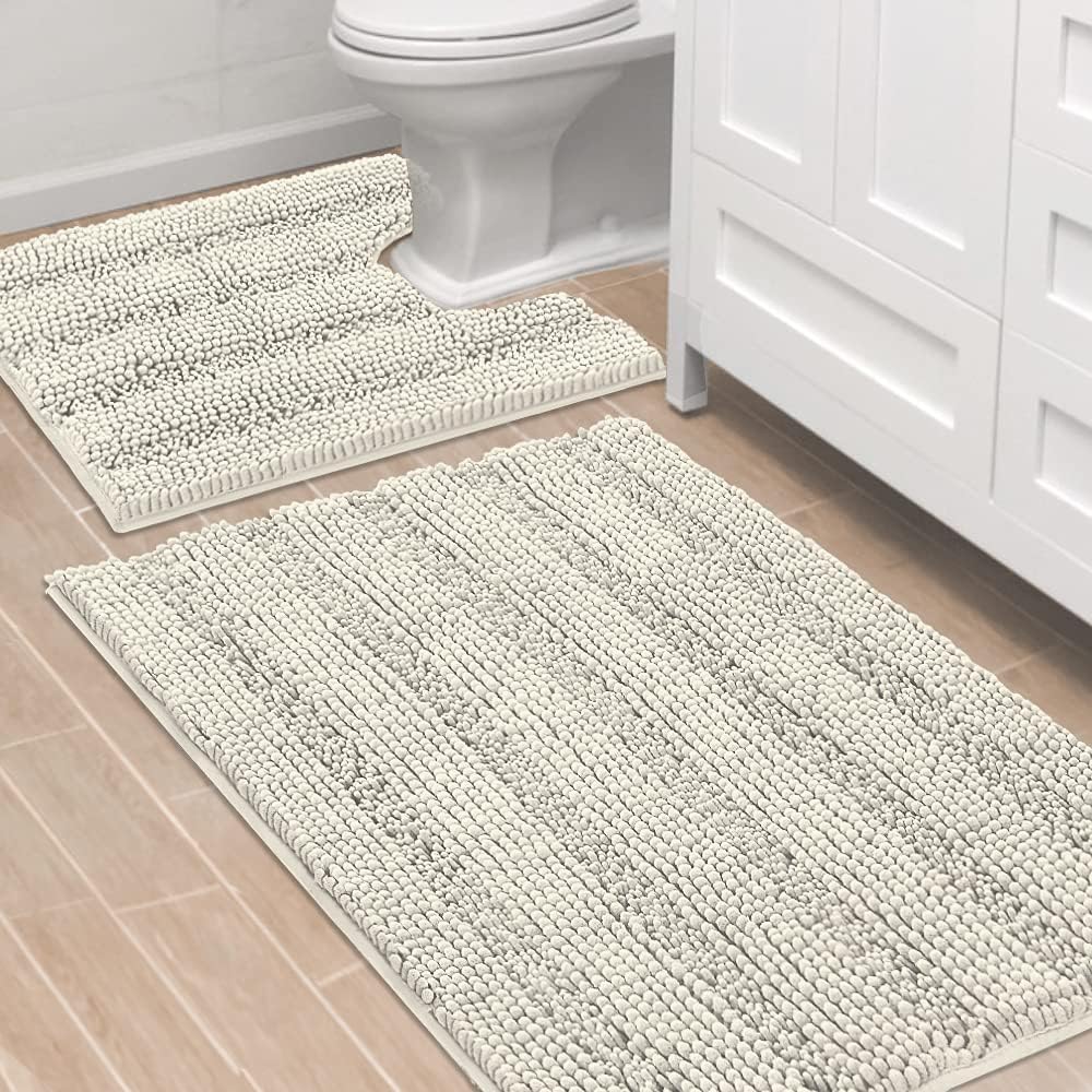 Sage Bathroom Rugs, Bath Mat Set of 2 Extra Thick Chenille Striped Pattern Shaggy Bath Rugs for Bath Room, Non Skid Bath Mats for Bathroom Floor (32 x 20 Plus 24 x 17 - Inches) - Colors B