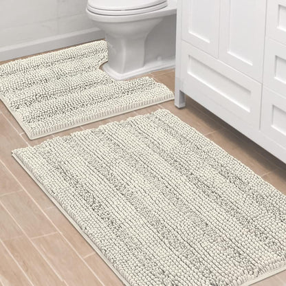 Sage Bathroom Rugs, Bath Mat Set of 2 Extra Thick Chenille Striped Pattern Shaggy Bath Rugs for Bath Room, Non Skid Bath Mats for Bathroom Floor (32 x 20 Plus 24 x 17 - Inches) - Colors B