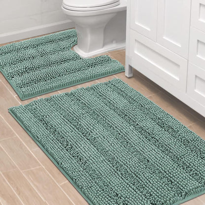 Sage Bathroom Rugs, Bath Mat Set of 2 Extra Thick Chenille Striped Pattern Shaggy Bath Rugs for Bath Room, Non Skid Bath Mats for Bathroom Floor (32 x 20 Plus 24 x 17 - Inches) - Colors B
