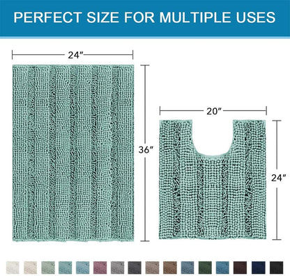 Sage Bathroom Rugs, Bath Mat Set of 2 Extra Thick Chenille Striped Pattern Shaggy Bath Rugs for Bath Room, Non Skid Bath Mats for Bathroom Floor (32 x 20 Plus 24 x 17 - Inches) - Colors B