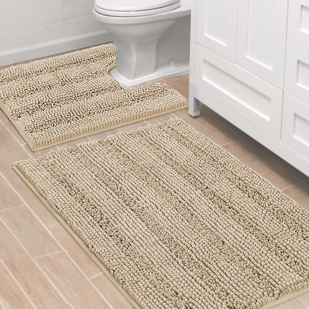 Sage Bathroom Rugs, Bath Mat Set of 2 Extra Thick Chenille Striped Pattern Shaggy Bath Rugs for Bath Room, Non Skid Bath Mats for Bathroom Floor (32 x 20 Plus 24 x 17 - Inches) - Colors B