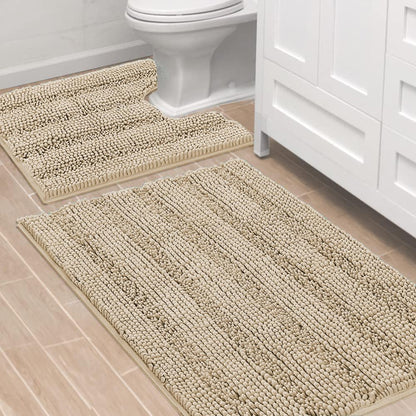 Sage Bathroom Rugs, Bath Mat Set of 2 Extra Thick Chenille Striped Pattern Shaggy Bath Rugs for Bath Room, Non Skid Bath Mats for Bathroom Floor (32 x 20 Plus 24 x 17 - Inches) - Colors B