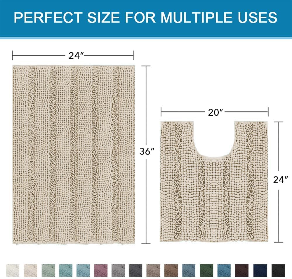 Sage Bathroom Rugs, Bath Mat Set of 2 Extra Thick Chenille Striped Pattern Shaggy Bath Rugs for Bath Room, Non Skid Bath Mats for Bathroom Floor (32 x 20 Plus 24 x 17 - Inches) - Colors B