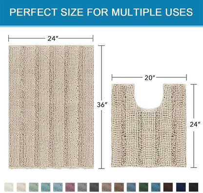 Sage Bathroom Rugs, Bath Mat Set of 2 Extra Thick Chenille Striped Pattern Shaggy Bath Rugs for Bath Room, Non Skid Bath Mats for Bathroom Floor (32 x 20 Plus 24 x 17 - Inches) - Colors B