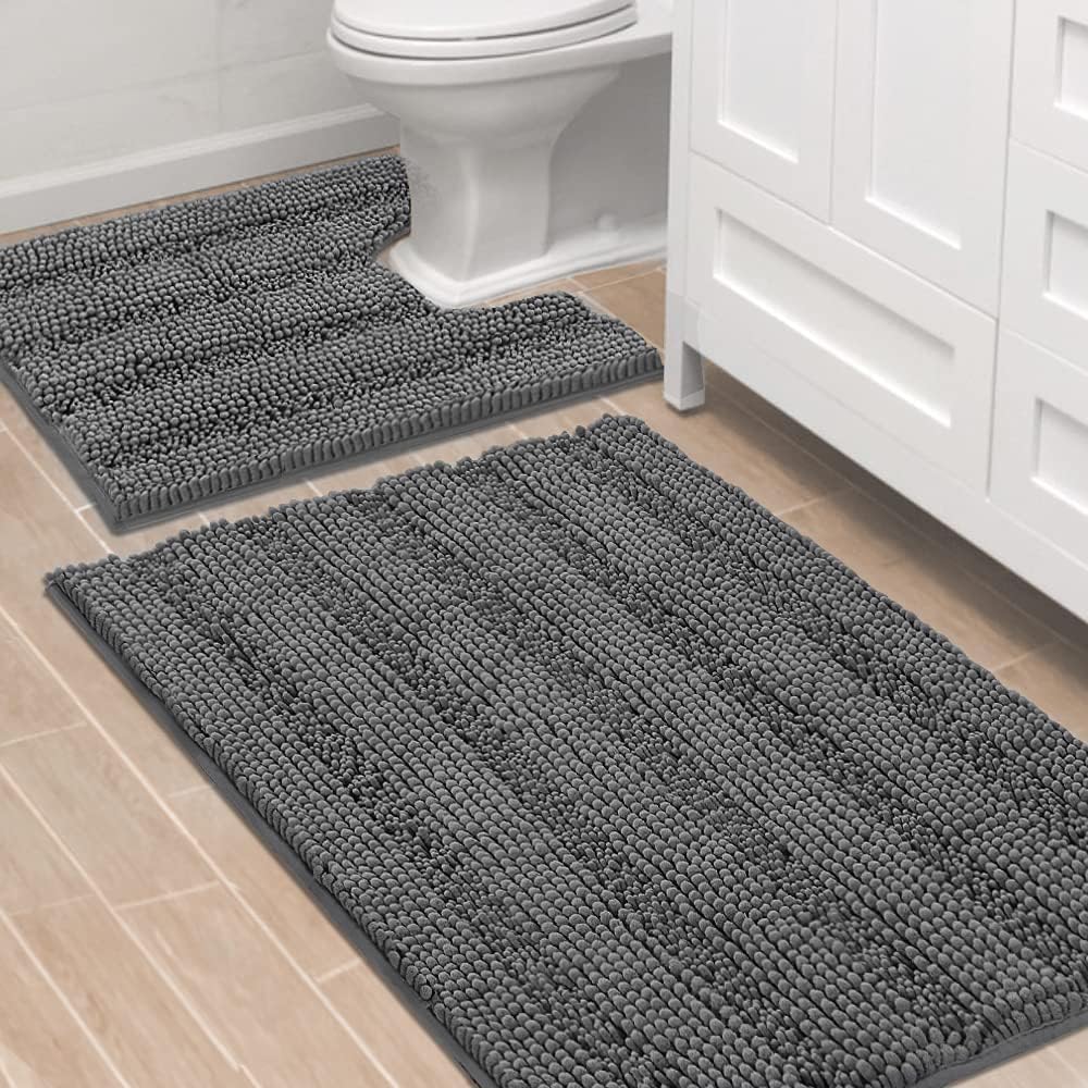 Sage Bathroom Rugs, Bath Mat Set of 2 Extra Thick Chenille Striped Pattern Shaggy Bath Rugs for Bath Room, Non Skid Bath Mats for Bathroom Floor (32 x 20 Plus 24 x 17 - Inches) - Colors B
