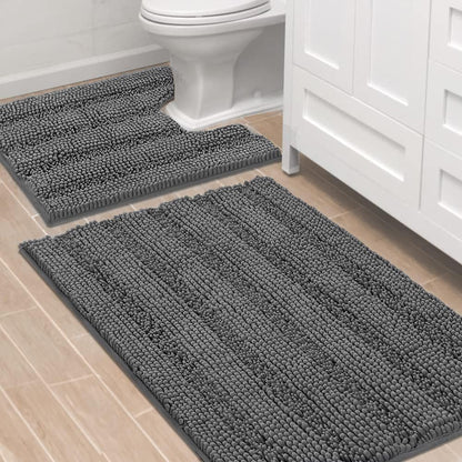 Sage Bathroom Rugs, Bath Mat Set of 2 Extra Thick Chenille Striped Pattern Shaggy Bath Rugs for Bath Room, Non Skid Bath Mats for Bathroom Floor (32 x 20 Plus 24 x 17 - Inches) - Colors B