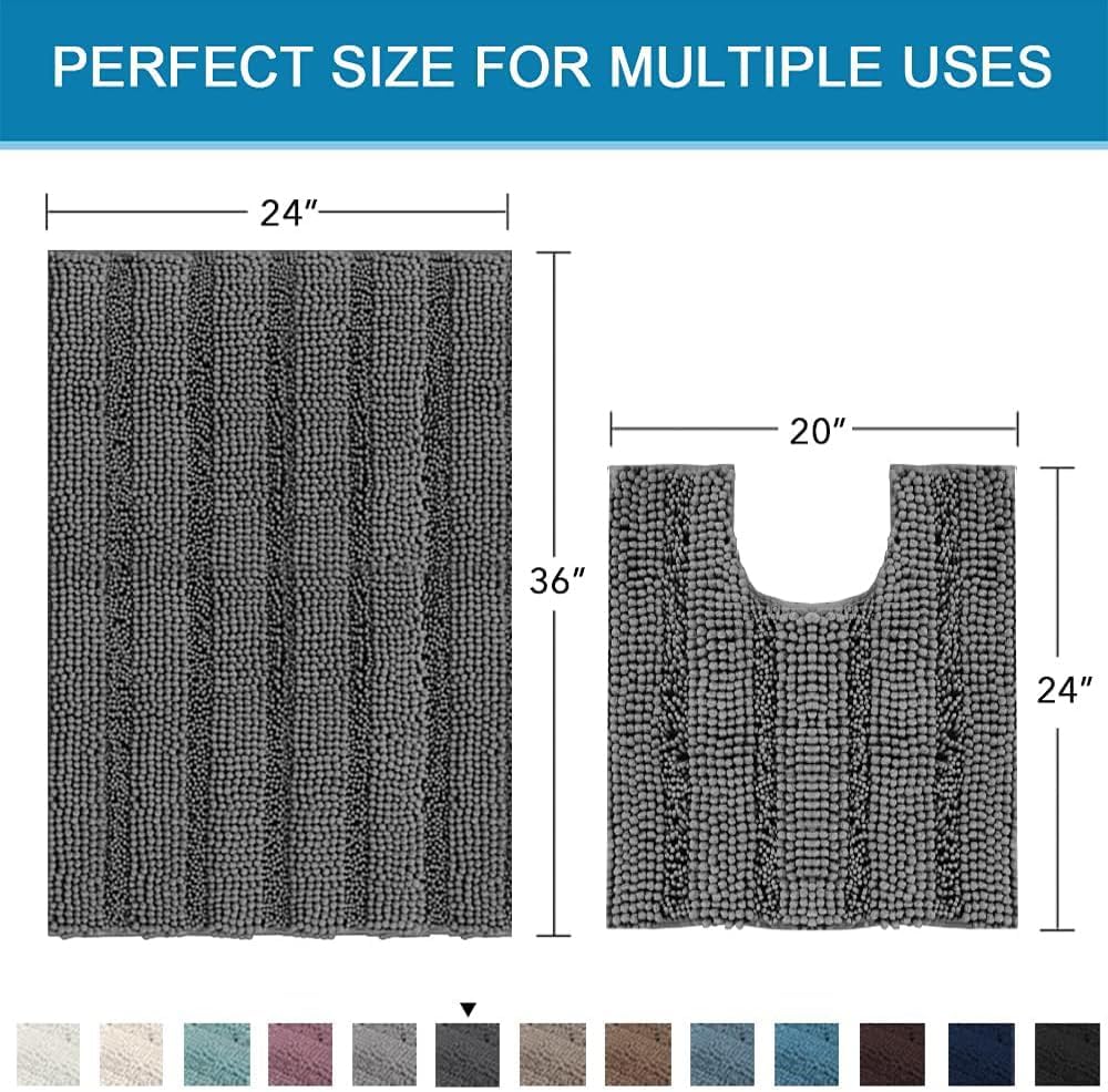 Sage Bathroom Rugs, Bath Mat Set of 2 Extra Thick Chenille Striped Pattern Shaggy Bath Rugs for Bath Room, Non Skid Bath Mats for Bathroom Floor (32 x 20 Plus 24 x 17 - Inches) - Colors B