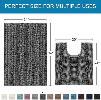 Sage Bathroom Rugs, Bath Mat Set of 2 Extra Thick Chenille Striped Pattern Shaggy Bath Rugs for Bath Room, Non Skid Bath Mats for Bathroom Floor (32 x 20 Plus 24 x 17 - Inches) - Colors B
