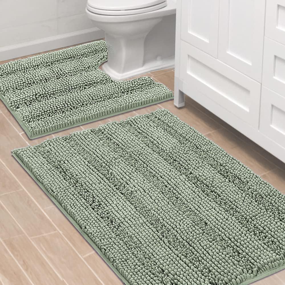 Sage Bathroom Rugs, Bath Mat Set of 2 Extra Thick Chenille Striped Pattern Shaggy Bath Rugs for Bath Room, Non Skid Bath Mats for Bathroom Floor (32 x 20 Plus 24 x 17 - Inches) - Colors B