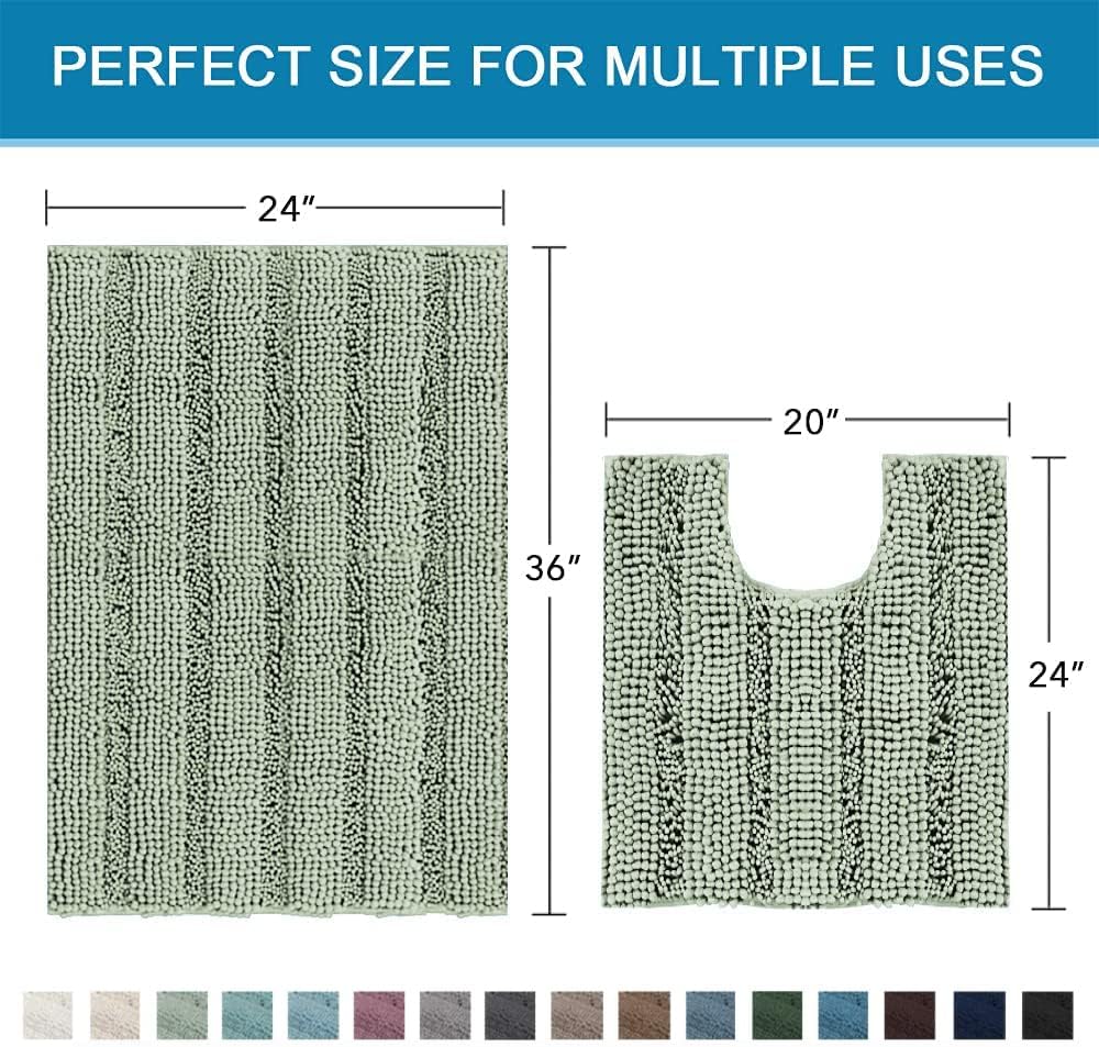 Sage Bathroom Rugs, Bath Mat Set of 2 Extra Thick Chenille Striped Pattern Shaggy Bath Rugs for Bath Room, Non Skid Bath Mats for Bathroom Floor (32 x 20 Plus 24 x 17 - Inches) - Colors B