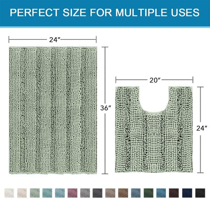 Sage Bathroom Rugs, Bath Mat Set of 2 Extra Thick Chenille Striped Pattern Shaggy Bath Rugs for Bath Room, Non Skid Bath Mats for Bathroom Floor (32 x 20 Plus 24 x 17 - Inches) - Colors B