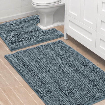 Sage Bathroom Rugs, Bath Mat Set of 2 Extra Thick Chenille Striped Pattern Shaggy Bath Rugs for Bath Room, Non Skid Bath Mats for Bathroom Floor (32 x 20 Plus 24 x 17 - Inches) - Colors B