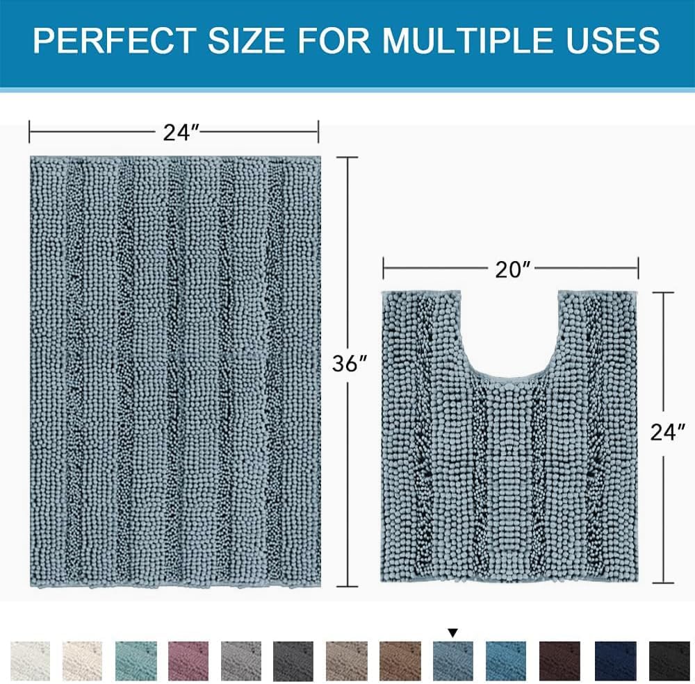 Sage Bathroom Rugs, Bath Mat Set of 2 Extra Thick Chenille Striped Pattern Shaggy Bath Rugs for Bath Room, Non Skid Bath Mats for Bathroom Floor (32 x 20 Plus 24 x 17 - Inches) - Colors B
