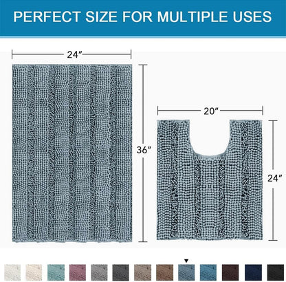 Sage Bathroom Rugs, Bath Mat Set of 2 Extra Thick Chenille Striped Pattern Shaggy Bath Rugs for Bath Room, Non Skid Bath Mats for Bathroom Floor (32 x 20 Plus 24 x 17 - Inches) - Colors B