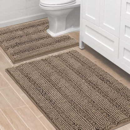 Sage Bathroom Rugs, Bath Mat Set of 2 Extra Thick Chenille Striped Pattern Shaggy Bath Rugs for Bath Room, Non Skid Bath Mats for Bathroom Floor (32 x 20 Plus 24 x 17 - Inches) - Colors B