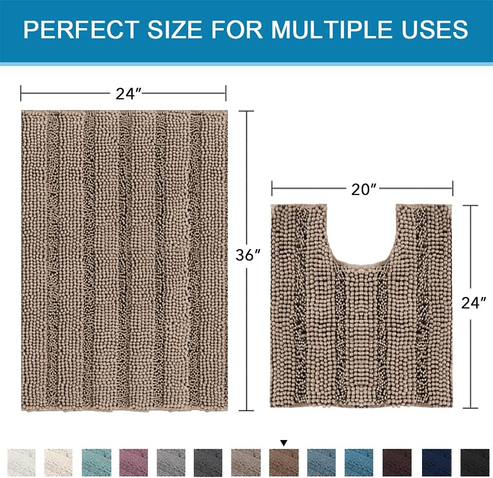Sage Bathroom Rugs, Bath Mat Set of 2 Extra Thick Chenille Striped Pattern Shaggy Bath Rugs for Bath Room, Non Skid Bath Mats for Bathroom Floor (32 x 20 Plus 24 x 17 - Inches) - Colors B