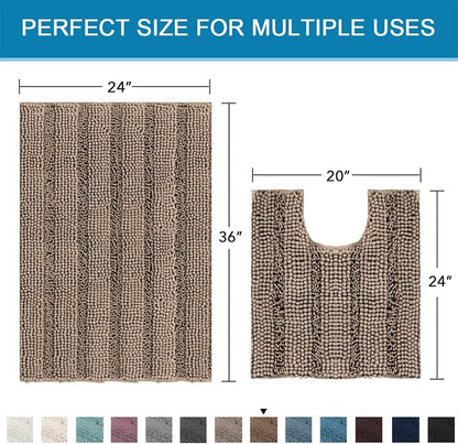 Sage Bathroom Rugs, Bath Mat Set of 2 Extra Thick Chenille Striped Pattern Shaggy Bath Rugs for Bath Room, Non Skid Bath Mats for Bathroom Floor (32 x 20 Plus 24 x 17 - Inches) - Colors B
