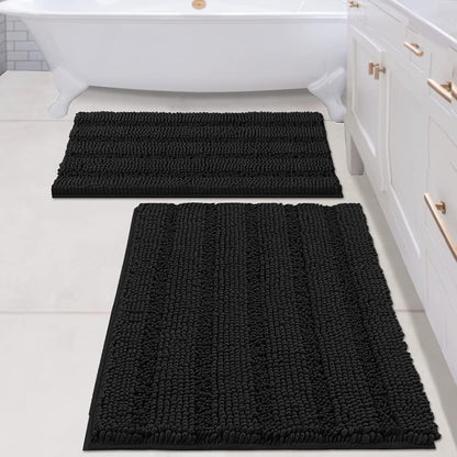 Sage Bathroom Rugs, Bath Mat Set of 2 Extra Thick Chenille Striped Pattern Shaggy Bath Rugs for Bath Room, Non Skid Bath Mats for Bathroom Floor (32 x 20 Plus 24 x 17 - Inches) - Colors B
