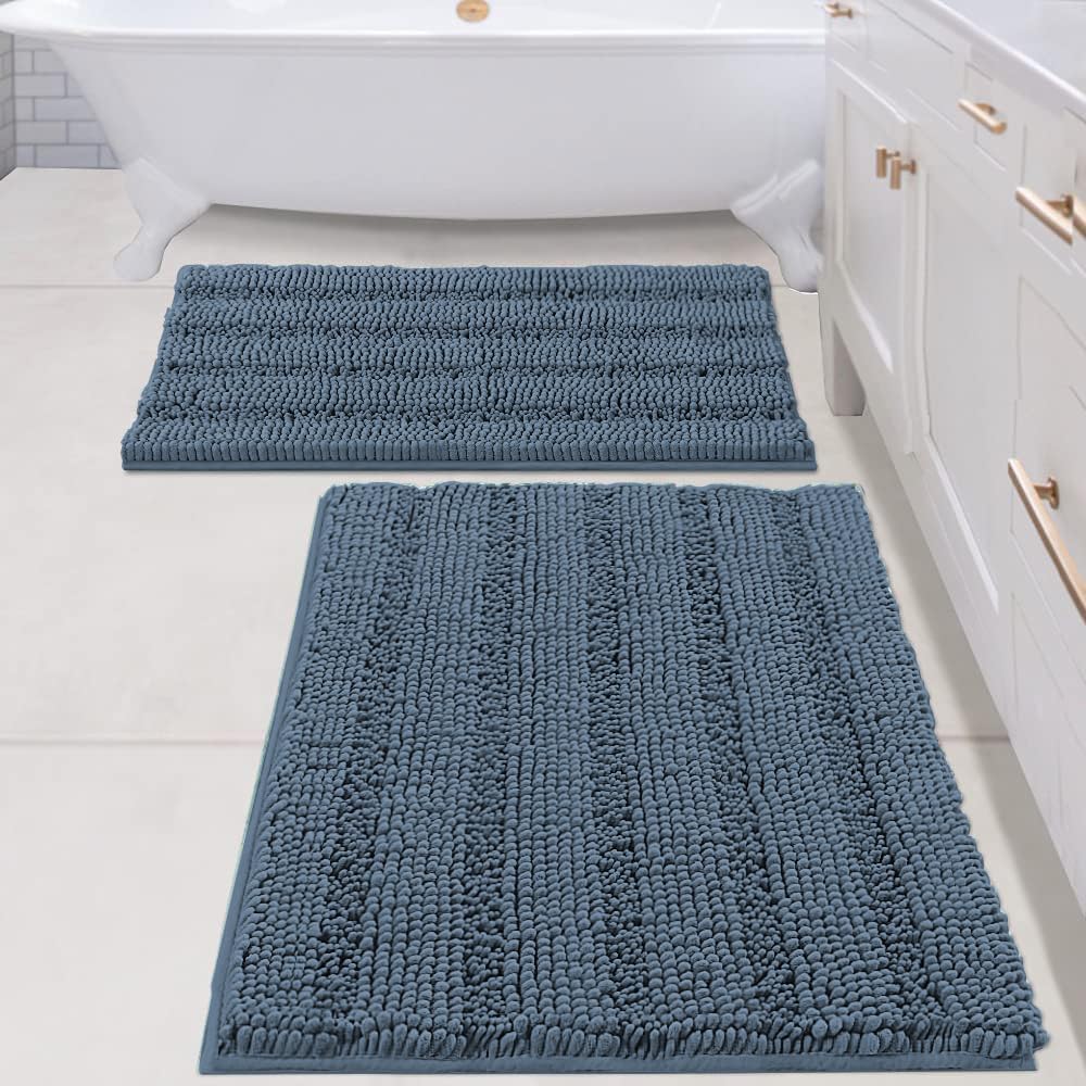 Sage Bathroom Rugs, Bath Mat Set of 2 Extra Thick Chenille Striped Pattern Shaggy Bath Rugs for Bath Room, Non Skid Bath Mats for Bathroom Floor (32 x 20 Plus 24 x 17 - Inches) - Colors B