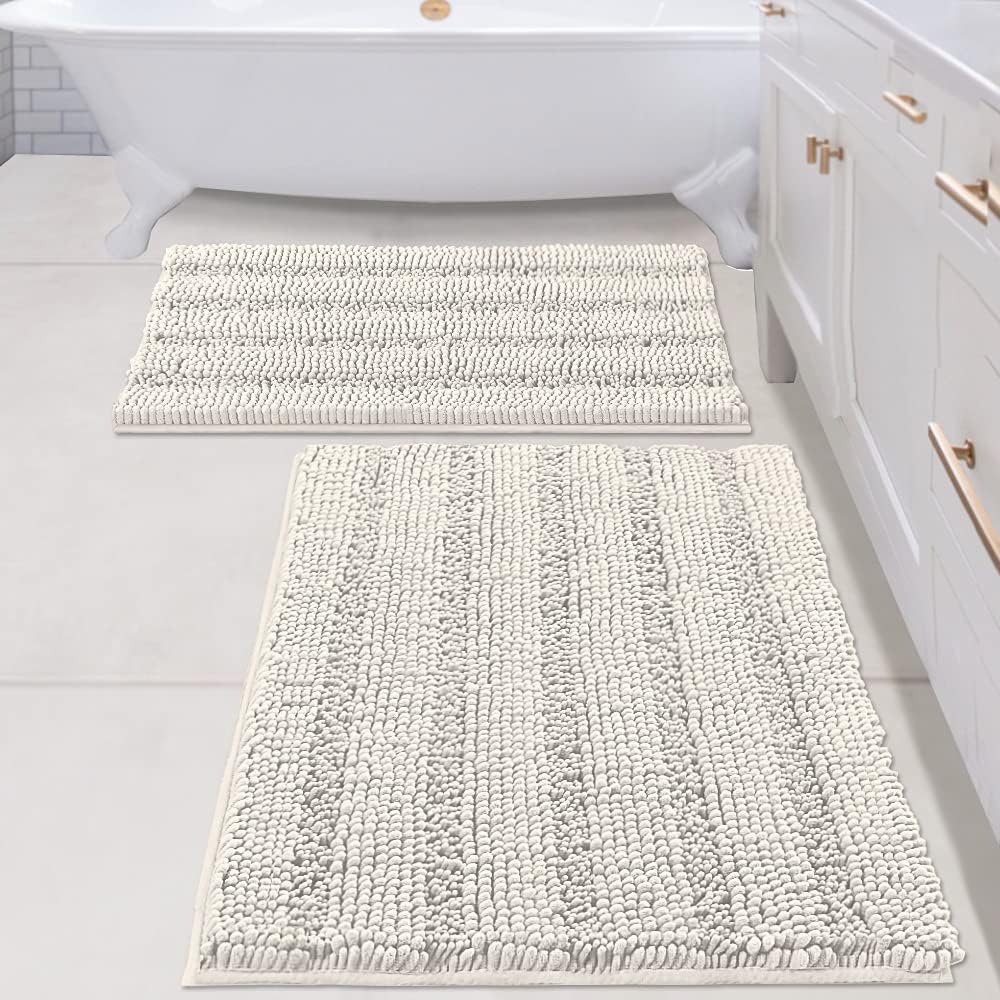 Sage Bathroom Rugs, Bath Mat Set of 2 Extra Thick Chenille Striped Pattern Shaggy Bath Rugs for Bath Room, Non Skid Bath Mats for Bathroom Floor (32 x 20 Plus 24 x 17 - Inches) - Colors B