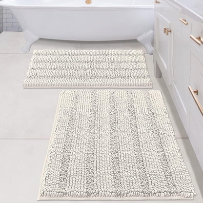 Sage Bathroom Rugs, Bath Mat Set of 2 Extra Thick Chenille Striped Pattern Shaggy Bath Rugs for Bath Room, Non Skid Bath Mats for Bathroom Floor (32 x 20 Plus 24 x 17 - Inches) - Colors B