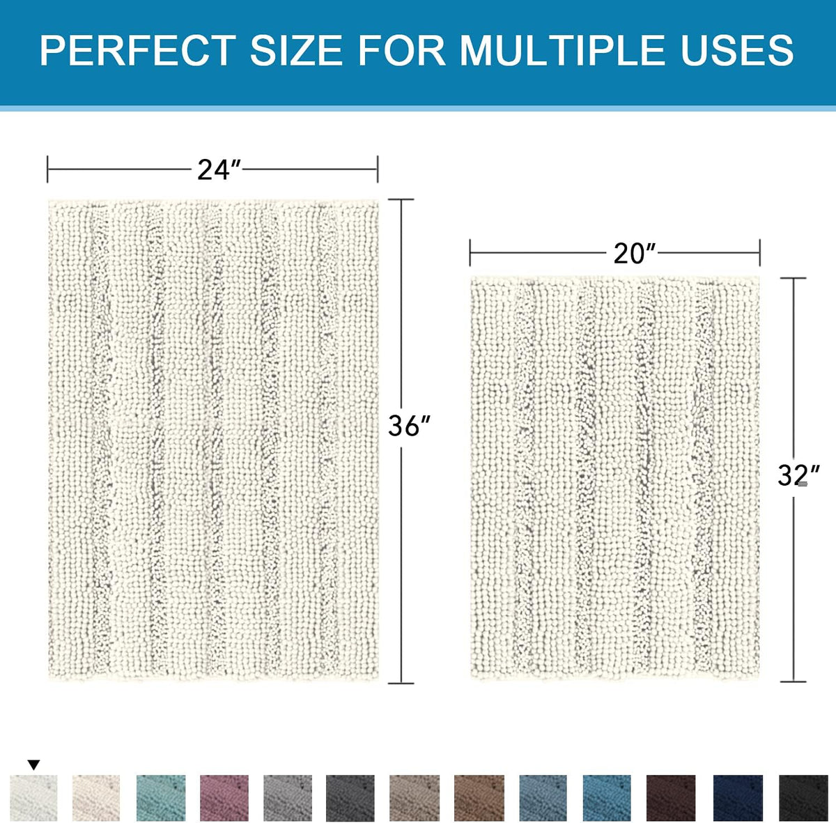 Sage Bathroom Rugs, Bath Mat Set of 2 Extra Thick Chenille Striped Pattern Shaggy Bath Rugs for Bath Room, Non Skid Bath Mats for Bathroom Floor (32 x 20 Plus 24 x 17 - Inches) - Colors B