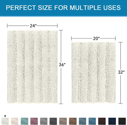 Sage Bathroom Rugs, Bath Mat Set of 2 Extra Thick Chenille Striped Pattern Shaggy Bath Rugs for Bath Room, Non Skid Bath Mats for Bathroom Floor (32 x 20 Plus 24 x 17 - Inches) - Colors B