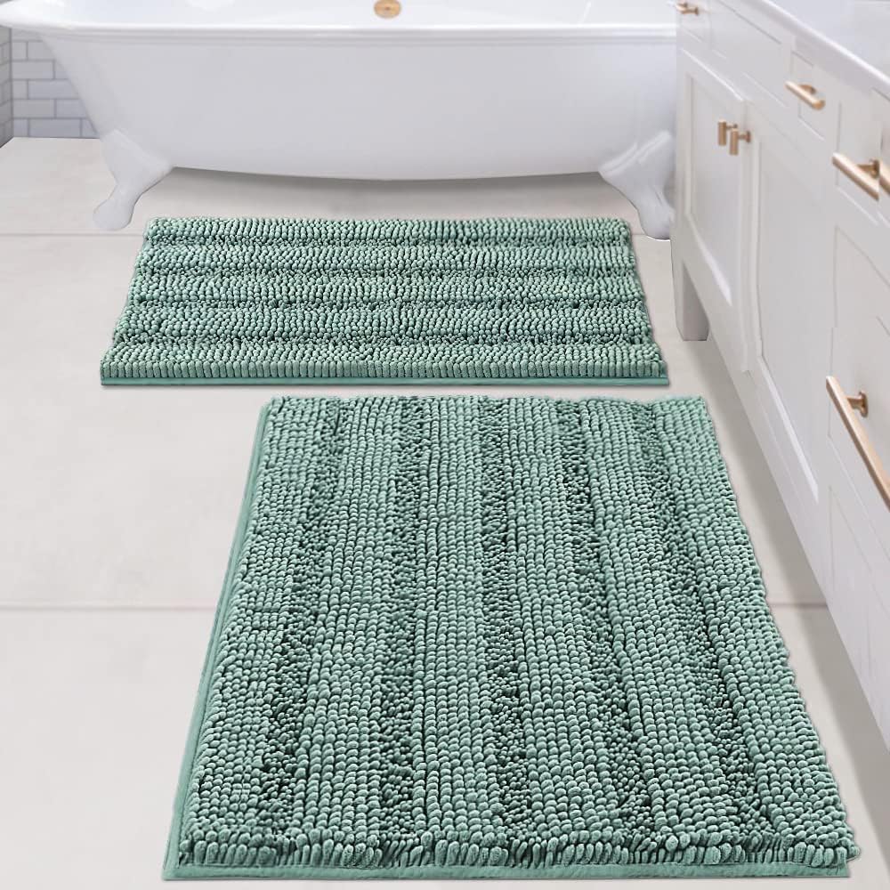 Sage Bathroom Rugs, Bath Mat Set of 2 Extra Thick Chenille Striped Pattern Shaggy Bath Rugs for Bath Room, Non Skid Bath Mats for Bathroom Floor (32 x 20 Plus 24 x 17 - Inches) - Colors B