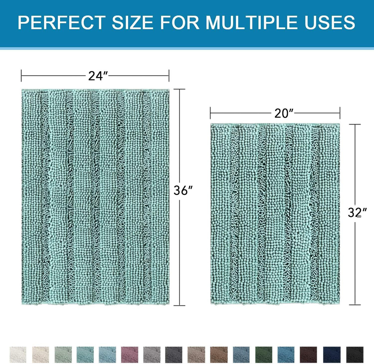 Sage Bathroom Rugs, Bath Mat Set of 2 Extra Thick Chenille Striped Pattern Shaggy Bath Rugs for Bath Room, Non Skid Bath Mats for Bathroom Floor (32 x 20 Plus 24 x 17 - Inches) - Colors B