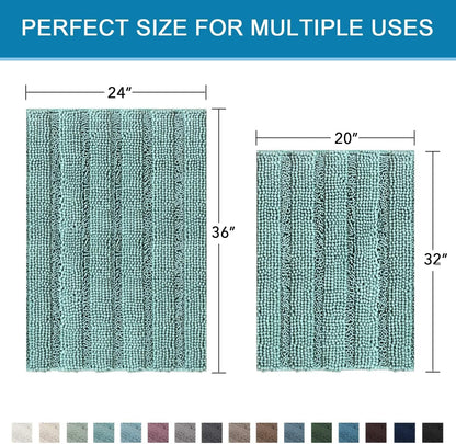 Sage Bathroom Rugs, Bath Mat Set of 2 Extra Thick Chenille Striped Pattern Shaggy Bath Rugs for Bath Room, Non Skid Bath Mats for Bathroom Floor (32 x 20 Plus 24 x 17 - Inches) - Colors B