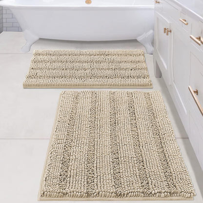 Sage Bathroom Rugs, Bath Mat Set of 2 Extra Thick Chenille Striped Pattern Shaggy Bath Rugs for Bath Room, Non Skid Bath Mats for Bathroom Floor (32 x 20 Plus 24 x 17 - Inches) - Colors B